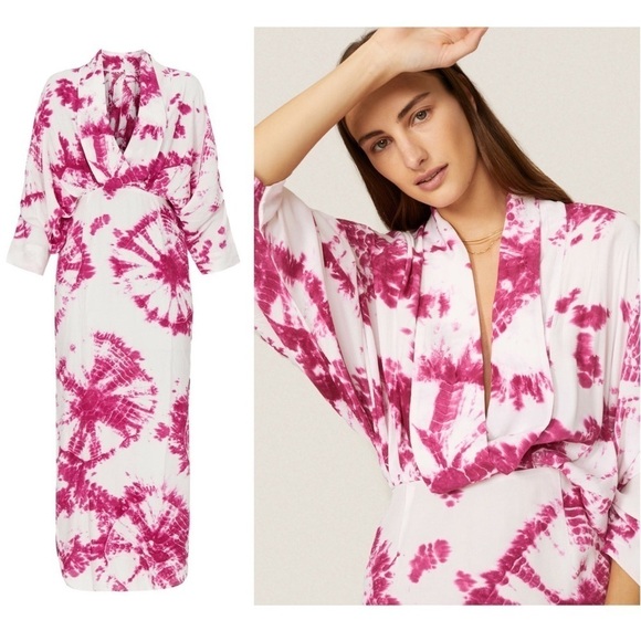 S/W/F Tie Dye Crepe Kimono Sleeve Draped V-Neck Fitted Waist Kaftan Maxi Dress S - Picture 8 of 8